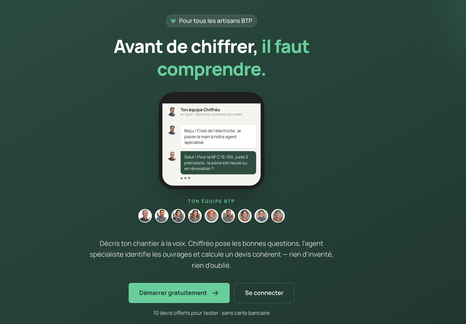 Capture de Chiffréo présentant l’agent conversationnel et les spécialistes du bâtiment