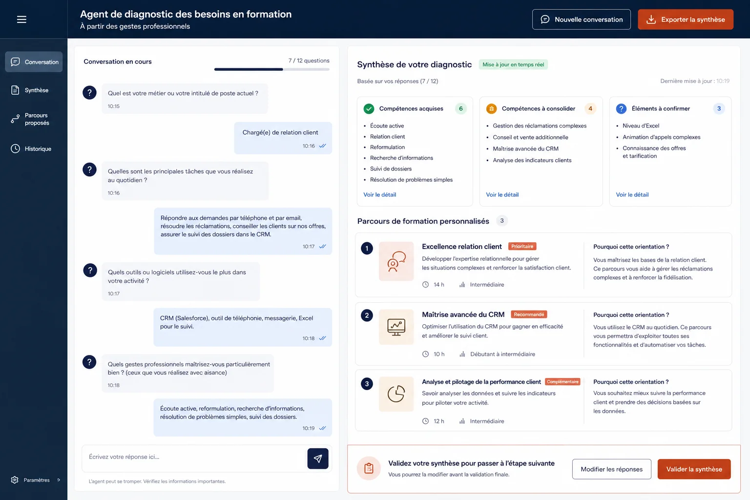 Maquette de l’agent conversationnel avec diagnostic des compétences et parcours personnalisés